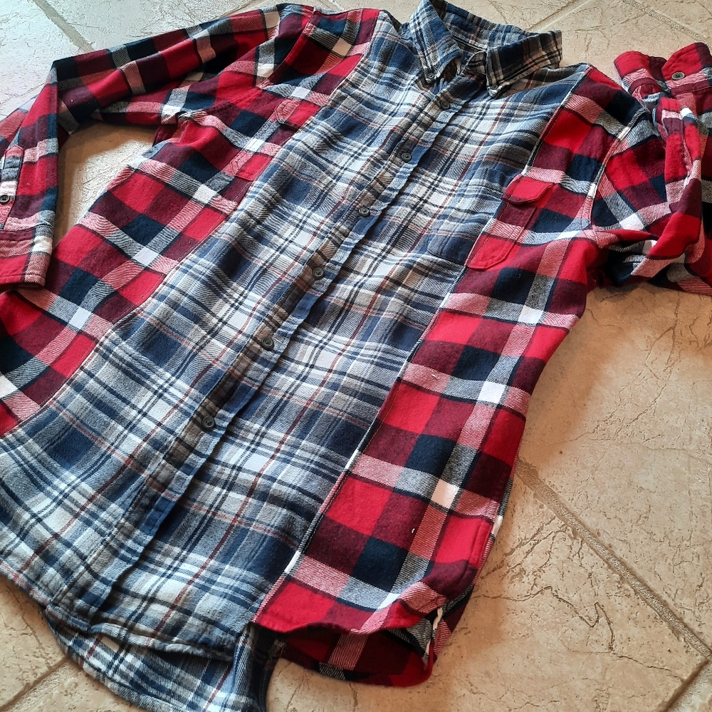 Spliced Flannel Plaid Shirt Upcycled Mens M or Woman L unisex